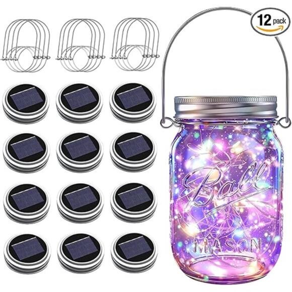 Solar Mason Jar Lights [Upgraded], 12 Pack 30 LED Firefly Fairy String Lights - Picture 7 of 7